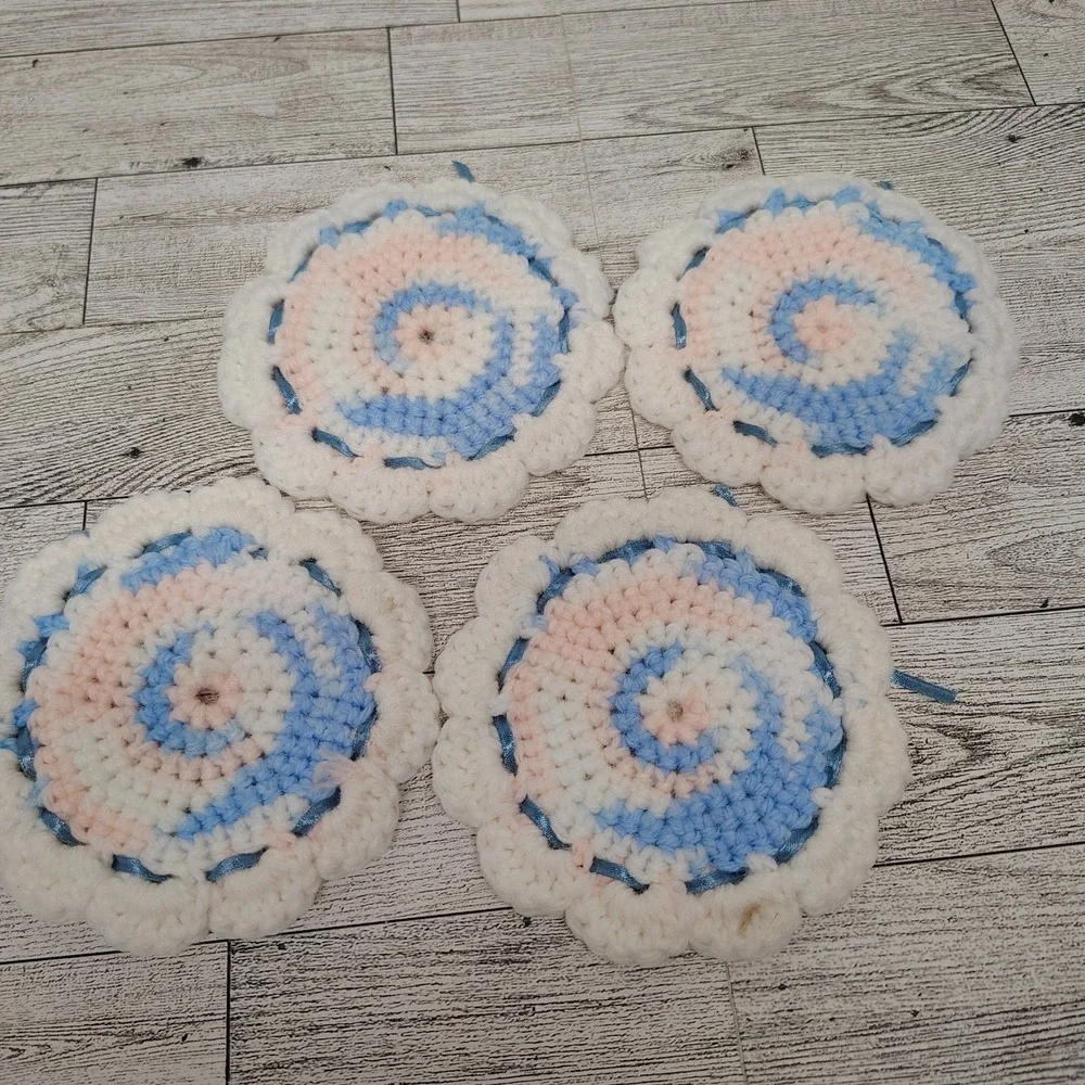 Handmade Crochet Coasters (Set of 4) Pastel Blue Pink Ribbon Accent Cottagecore‎